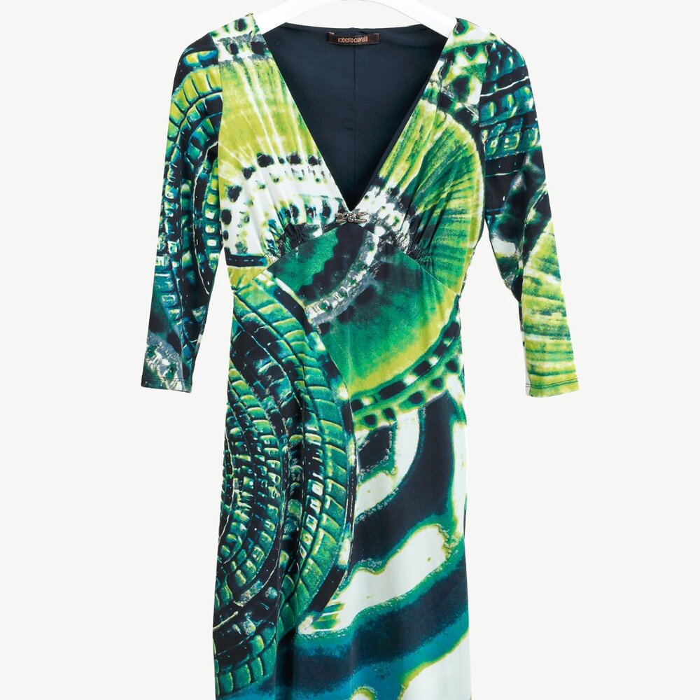 Roberto Cavalli Green Printed Jersey 3/4-Sleeve Bodycon Dress
